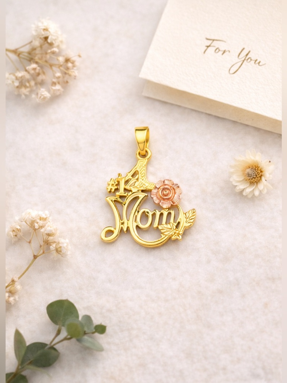 10K Solid Gold Tri-Color #1 Mom Pendant Rose Gold Real Gold Mothers Day Gift